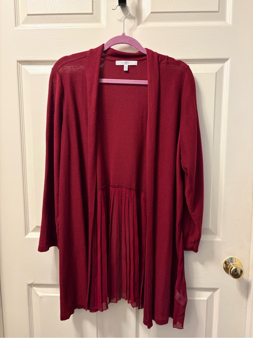 Fever Women’s Size 2X Burgundy Open Front Cardigan Sheer Pleated Hem Long Sleeve